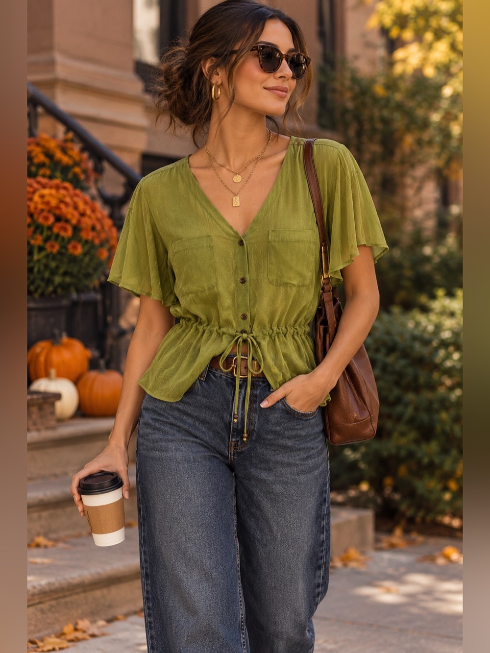 Olive Green Sheer Drawstring Blouse | Boho Safari Utility Top Size Small